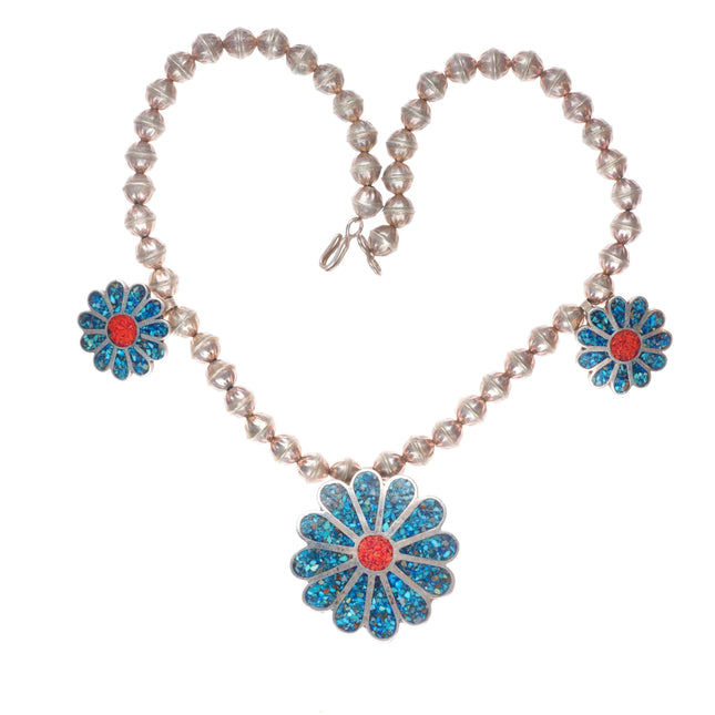 vintage Navajo sterling silver turquoise chip inlay flower form necklace