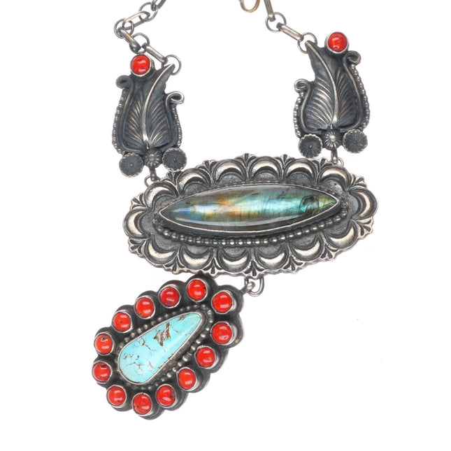 Shawn Cayatineto Navajo sterling silver, turquoise, coral, labradorite necklace