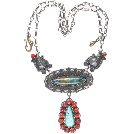 Shawn Cayatineto Navajo sterling silver, turquoise, coral, labradorite necklace