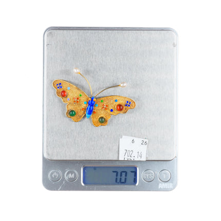 Vintage Chinese gilt sterling silver enamel chalcedony butterfly pin/brooch