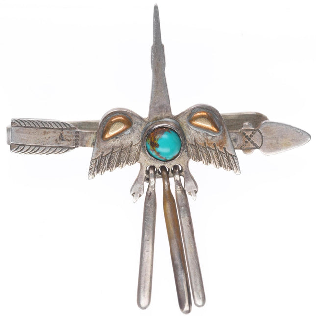 Vintage Navajo silver/gold filled hand chiseled turquoise peyote bird tie clip