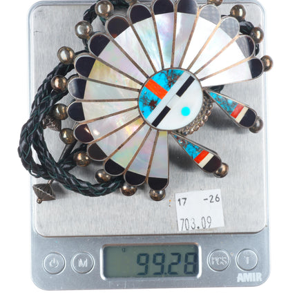 1970 Huge Myra Tucson Zuni high grade turquoise sterling silver sunface bolo tie