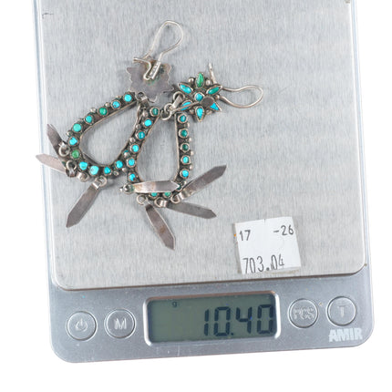 Vintage Zuni sterling silver snake eye turquoise dangle petit point earrings