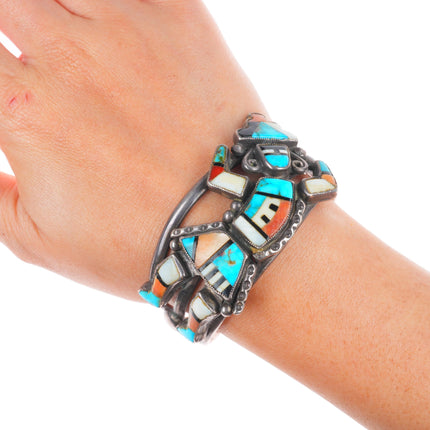6.25" 1950's Zuni sterling silver Natural turquoise rainbow man cuff bracelet