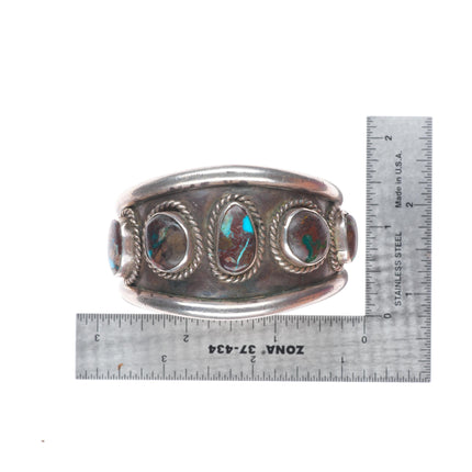 6.3" 1950's Bisbee Turquoise vintage Navajo sterling silver row cuff bracelet