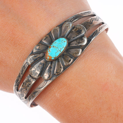 6.4" Fred Harvey #8 turquoise sterling silver rayed bezel cuff bracelet
