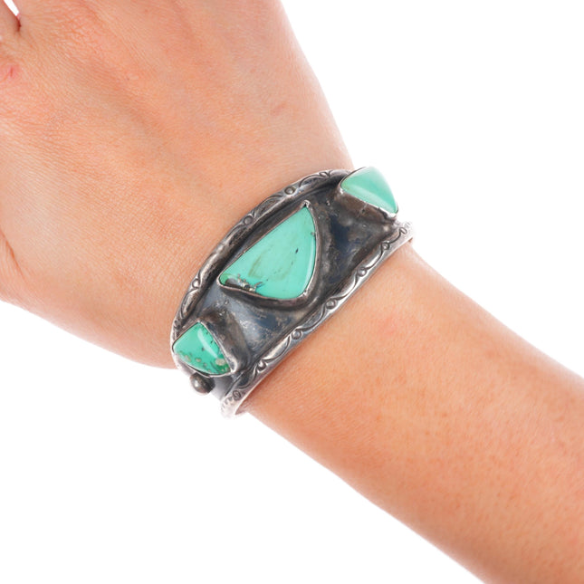 6.2" Vintage Navajo sterling silver 3 stone green turquoise cuff bracelet