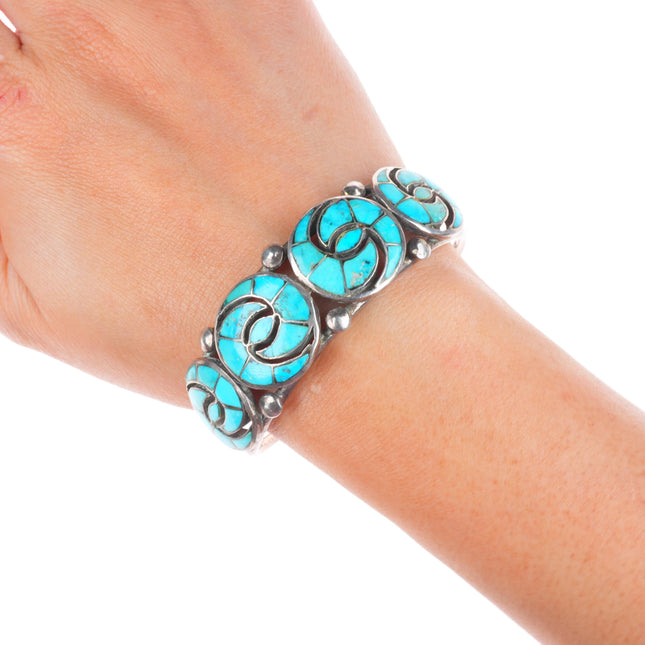 6.4" Vintage Zuni sterling silver turquoise hummingbird inlay cuff bracelet