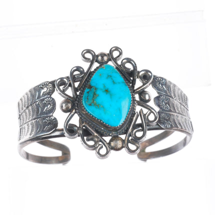 6.2" Vintage Navajo sterling silver turquoise stamped sides cuff bracelet