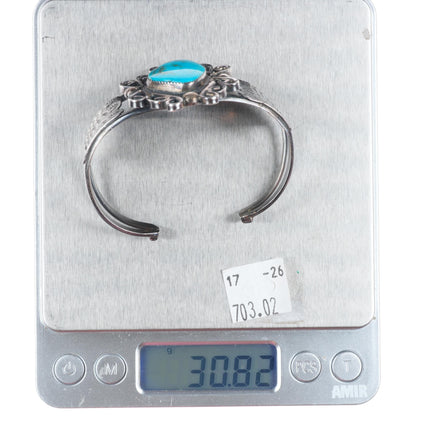 6.2" Vintage Navajo sterling silver turquoise stamped sides cuff bracelet