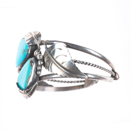 6.5" Vintage Navajo sterling silver 2 stone turquoise leafwork cuff bracelet