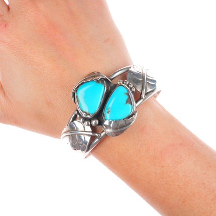 6.5" Vintage Navajo sterling silver 2 stone turquoise leafwork cuff bracelet
