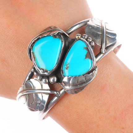 6.5" Vintage Navajo sterling silver 2 stone turquoise leafwork cuff bracelet