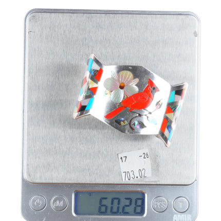 6" AD Banteah Zuni sterling silver Cardinal turquoise/coral inlay cuff bracelet