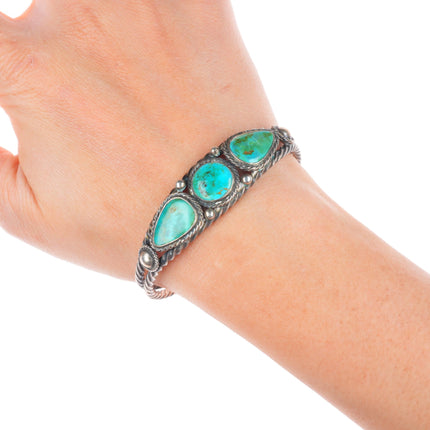 6.3" 1930's Vintage Navajo twisted sterling silver wire turquoise cuff bracelet