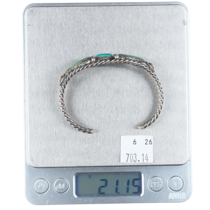 6.3" 1930's Vintage Navajo twisted sterling silver wire turquoise cuff bracelet