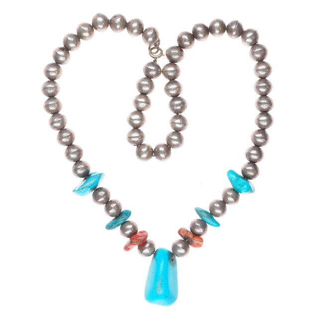 Antique Navajo ingot silver beaded pearl necklace with turquoise/coral