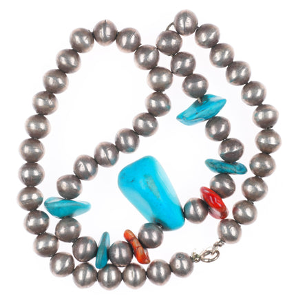 Antique Navajo ingot silver beaded pearl necklace with turquoise/coral