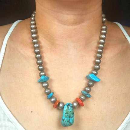 Antique Navajo ingot silver beaded pearl necklace with turquoise/coral