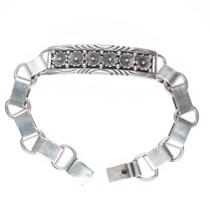 7" vintage Kee Montoya Navajo sterling silver link bracelet with flower bar