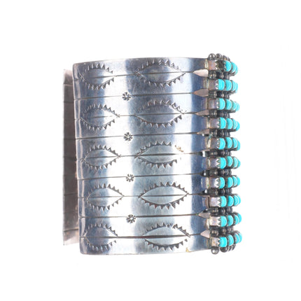 7.1" vintage Zuni square cut turquoise wide stack sterling silver cuff bracelet