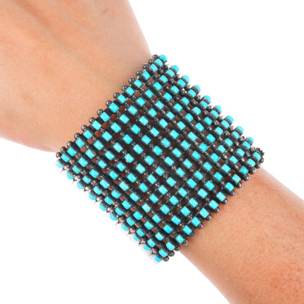 7.1" vintage Zuni square cut turquoise wide stack sterling silver cuff bracelet