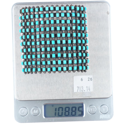 7.1" vintage Zuni square cut turquoise wide stack sterling silver cuff bracelet