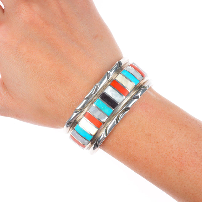 6.3" Gasper Zuni sterling silver multi-stone inlay wide cuff bracelet