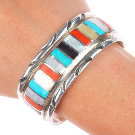 6.3" Gasper Zuni sterling silver multi-stone inlay wide cuff bracelet