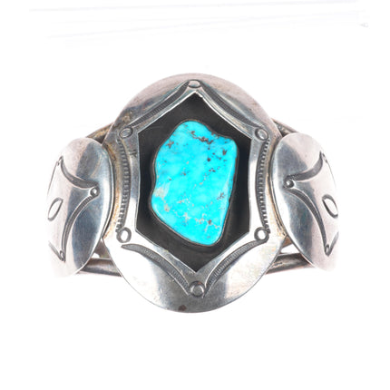 7" Aaron Chischiligi Navajo deep stamped sterling silver turquoise cuff bracelet