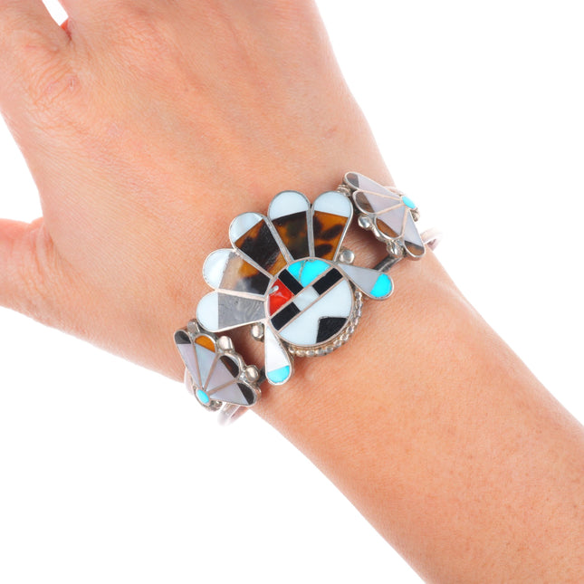 6.75" Vintage Zuni sunface sterling silver shell/stone inlay chief cuff bracelet