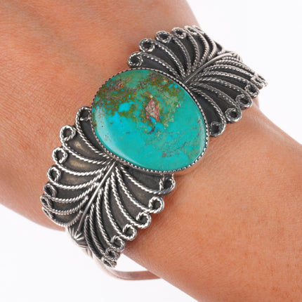 6.5" vintage Navajo sterling silver nice turquoise cuff bracelet twisted wire