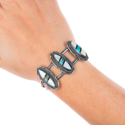 6" vintage Navajo sterling silver turquoise, shell, jet inlay cuff bracelet