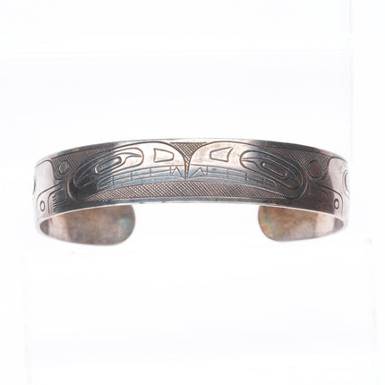 7" JM Vintage Northwest Coast Haida/Tlingit carved sterling silver cuff bracelet