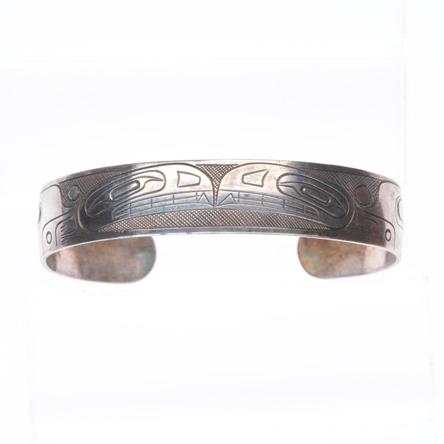 7" JM Vintage Northwest Coast Haida/Tlingit carved sterling silver cuff bracelet