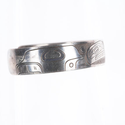 7" JM Vintage Northwest Coast Haida/Tlingit carved sterling silver cuff bracelet