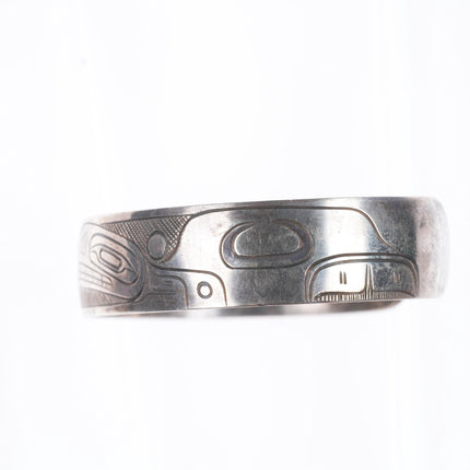 7" JM Vintage Northwest Coast Haida/Tlingit carved sterling silver cuff bracelet