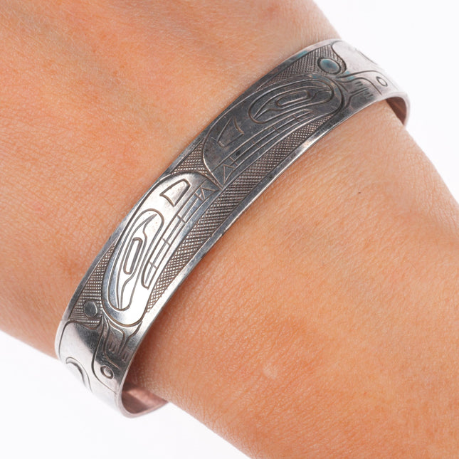 7" JM Vintage Northwest Coast Haida/Tlingit carved sterling silver cuff bracelet