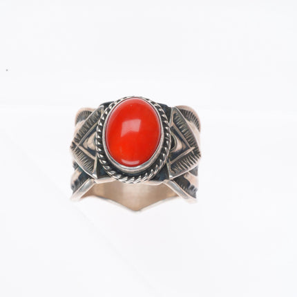 sz8 Sunshine Reeves Navajo sterling silver deep stamped mediterranean coral ring