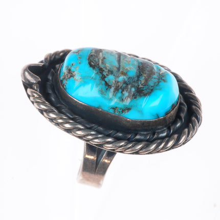 sz11 vintage Navajo carved turquoise sterling silver ring with nice matrix