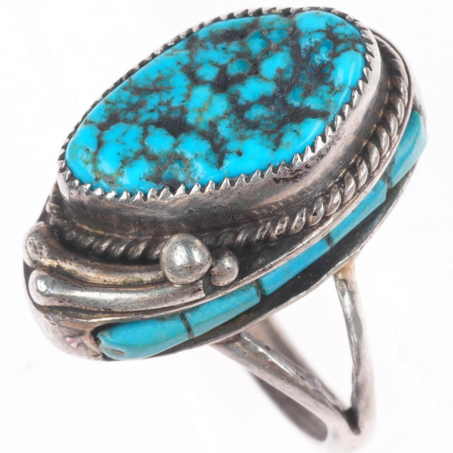 sz5 Les Baker Southwestern sterling silver turquoise side inlaid ring