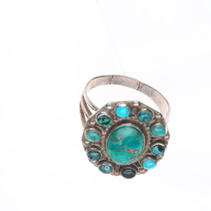 sz9 c1940's vintage Zuni sterling silver turquoise satellite cluster ring
