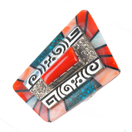 sz10 Philbert Begay Navajo opal/turquoise/coral inlay sterling silver ring