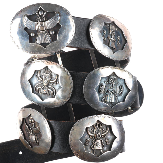 43" Big vintage Navajo sterling silver multi-Kachinas shadowbox concho belt