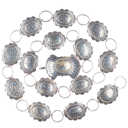 37" heavy vintage Navajo sterling silver hand stamped link concho belt