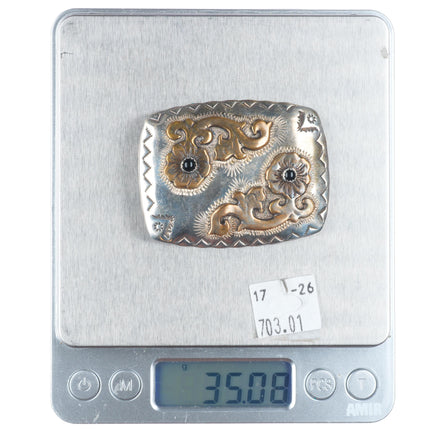 Vintage southwestern sterling silver brass flowers onyx belt buckle by Alicia