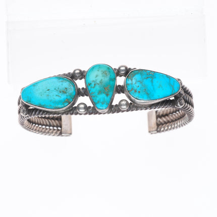 6.6" c1930 Vintage Navajo ingot silver twisted wire turquoise cuff bracelet