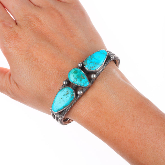 6.6" c1930 Vintage Navajo ingot silver twisted wire turquoise cuff bracelet