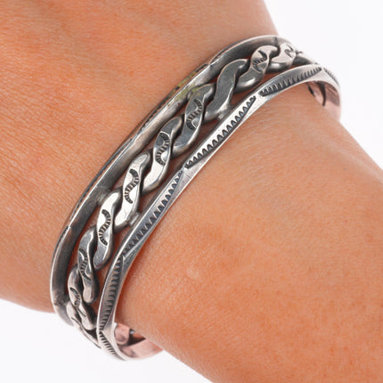 6.7" IH Coin sterling silver vintage Navajo hand stamped carinated/twisted cuff bracelet