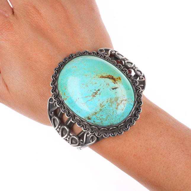 6.5" Big 1940's vintage Navajo sterling silver huge turquoise cuff bracelet